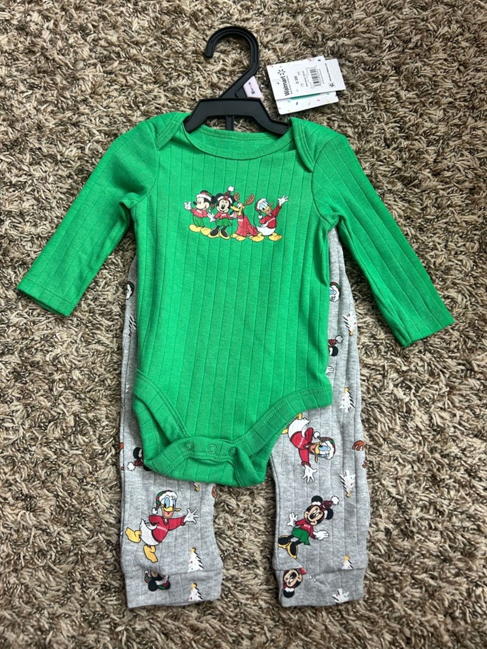Disney Baby Holiday Green Ribbed Mickey & Friends One-Piece Pants Set Sz 0-3M